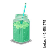 Detox drink with ice and straw inside big square jar. Healthy cool beverage to clean organism or refresh in hot summer isolated vector illustration.. Detox Drink with Ice and Straw in Big Square Jar. Стоковая иллюстрация, агентство Ingram Publishing / Фотобанк Лори