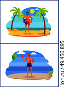 Two athletic men having fun at summer on tropical shore with palm trees. Sportive male in sunglasses with refreshing cocktail vector sunburn sexy boys. Two athletic Men Fun at Summer on Tropical Shore. Стоковая иллюстрация, агентство Ingram Publishing / Фотобанк Лори