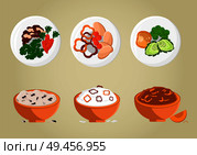 Rice collection plates with peppers and broccoli, bowls with porridges, vegetarian food vector illustration isolated on white background. Rice and Porridges Collection Vector Illustration. Стоковая иллюстрация, агентство Ingram Publishing / Фотобанк Лори