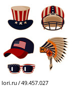 Flag on items USA symbols, cap and Old Glory, indian headdress with feathers, sunglasses Grand Union print, icons set isolated on vector illustration. Flag on Items USA Symbols Vector Illustration. Стоковая иллюстрация, агентство Ingram Publishing / Фотобанк Лори