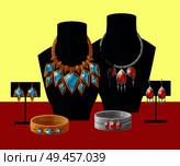 Accessory silver and gold set, jewelry presentation in shop, necklace with stones, bracelet earrings collection on mannequin, vector illustration. Accessory Silver and Gold Set Vector Illustration. Стоковая иллюстрация, агентство Ingram Publishing / Фотобанк Лори