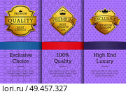 Set golden labels on posters with text sample. Exclusive choice 100 quality high end luxury product collection vector illustrations on purple background. Set Golden Labels on Posters Text Sample Exclusive. Стоковая иллюстрация, агентство Ingram Publishing / Фотобанк Лори