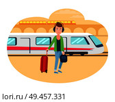 Young refugee guy with baggage at railway station. Male immigrant ready to leave on fast train towards other country isolated vector illustration.. Young Refugee Guy with Baggage at Railway Station. Стоковая иллюстрация, агентство Ingram Publishing / Фотобанк Лори