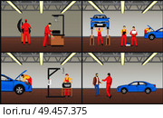 Auto workshop and repair service colorful banner vector illustration of automobile maintenance in professional garage, special lift wheel fitting tool. Auto Workshop and Repair Service Colorful Banner. Стоковая иллюстрация, агентство Ingram Publishing / Фотобанк Лори