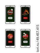 Pizza hot pizzeria collection, application for smartphone users allowing to order food quickly, chef image wearing hat isolated on vector illustration. Pizza Hot Pizzeria Collection Vector Illustration. Стоковая иллюстрация, агентство Ingram Publishing / Фотобанк Лори