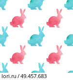 Watercolor Easter seamless pattern with green and pink rabbits on a white background. Vector illustration. Стоковая иллюстрация, агентство Ingram Publishing / Фотобанк Лори