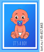 Its a boy poster newborn toddler with pacifier in mouth and dressed in diapers vector illustration of bold infant male isolated on blue in frame. It Boy Poster Newborn Toddler with Pacifier Vector. Стоковая иллюстрация, агентство Ingram Publishing / Фотобанк Лори