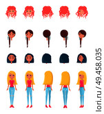 Choose appearance for animated girl character. Heads or hairstyles, blonde wavy, redhead braided hair set of woman looks vector isolated on white.. Choose Appearance for Animated Girl Character Set. Стоковая иллюстрация, агентство Ingram Publishing / Фотобанк Лори