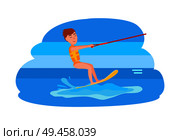 Kitesurfing action sport combining aspects of wakeboarding windsurfing surfing paragliding skateboarding and sailing into extreme activity vector boy.. Kitesurfing and Happy Boy Vector Illustration. Стоковая иллюстрация, агентство Ingram Publishing / Фотобанк Лори
