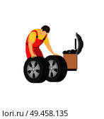 Wheel and tyre fitting color vector illustration with mechanic working in abstract automobile workshop, special tool for wheeling, car repair service. Wheel and Tyre Fitting Color Vector Illustration. Стоковая иллюстрация, агентство Ingram Publishing / Фотобанк Лори