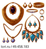 Carcanet and bracelet set, gold jewelry with stones, massive brooch, necklace and chain, ring accessories collection isolated on vector illustration. Carcanet and Bracelet Set Vector Illustration. Стоковая иллюстрация, агентство Ingram Publishing / Фотобанк Лори