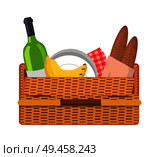Picnic basket with food set, glass bottle of wine, bread and banana near plastic plates, checkered tablecloth isolated cartoon vector illustration.. Picnic Basket with Food Set Vector Illustration. Стоковая иллюстрация, агентство Ingram Publishing / Фотобанк Лори