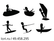 Summer sport set of silhouettes, donut ride and boating, kitesurfing or windsurfing, surfboard for water activity flat vector illustration isolated.. Summer Sport Set Silhouettes Vector Illustration. Стоковая иллюстрация, агентство Ingram Publishing / Фотобанк Лори