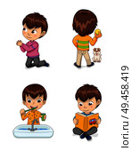 Little cute boy does casual childish actions. Child asks for forgiveness on knees, plays with dog, brushes teeth and reads book vector illustrations.. Little Cute Boy Does Casual Childish Actions Set. Стоковая иллюстрация, агентство Ingram Publishing / Фотобанк Лори