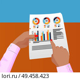 Various statistics data in female hands poster vector illustration with charts and analytics diagrams, graphic schedules, business woman fingers, info banner. Various Statistics Data in Female Hands Poster. Стоковая иллюстрация, агентство Ingram Publishing / Фотобанк Лори