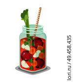 Detox refreshing healthy cocktail made of carrot slices, cut pieces of beet, fresh apple parsley and lettuce, drink in glass mug with straw vector. Detox Refreshing Healthy Cocktail Made Vegetables. Стоковая иллюстрация, агентство Ingram Publishing / Фотобанк Лори