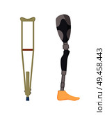  rutches made of wood and artificial leg prosthesis for injured people disabled, objects set designed to ease life, isolated on vector illustration.  rutches and Prosthesis Set Vector Illustration. Стоковая иллюстрация, агентство Ingram Publishing / Фотобанк Лори