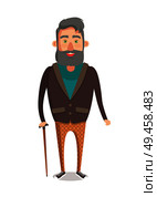 Young grandpa smiling cartoon character. Bearded senior man with stick vector illustration of elderly male in jacket isolated on white background. Young Grandpa Smiling Cartoon Character Senior Man. Стоковая иллюстрация, агентство Ingram Publishing / Фотобанк Лори