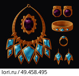 Jewelry accessory collection isolated on black, vector illustration of golden necklace with gems, shiny earrings set and expensive bracelet with ring. Jewelry Accessory Collection Isolated on Black. Стоковая иллюстрация, агентство Ingram Publishing / Фотобанк Лори
