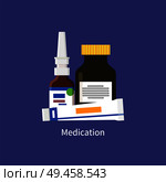 Medication poster and products collection, tube with information, drops in glass container, bottle and label, items isolated on vector illustration. Medication Poster and Products Vector Illustration. Стоковая иллюстрация, агентство Ingram Publishing / Фотобанк Лори