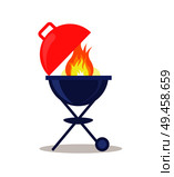 Brazier grill loaded with fresh charcoal briquettes and burning fire vector isolated on white. Barbeque device cooks food by applying heat from below.. Brazier Grill Loaded with Fresh Charcoal Briquette. Стоковая иллюстрация, агентство Ingram Publishing / Фотобанк Лори