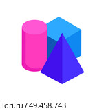 Isometric geometric colorful figures exposition vector illustration, cylinder with tetrahedron and cube on white background, solid shapes isolated. Isometric Geometric Colorful Figures Exposition. Стоковая иллюстрация, агентство Ingram Publishing / Фотобанк Лори