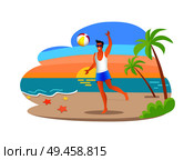 Guy playing volleyball at coastline of tropical shore vector illustration, man throws ball on beach near palm trees and seashells with sunset behind.. Guy Playing Ball Coastline at Tropical Sea Shore. Стоковая иллюстрация, агентство Ingram Publishing / Фотобанк Лори