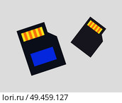 SD cards for photo and video storage color icons isolated on grey backdrop, data containers with dark shells and contacts lines vector illustration. SD Cards for Photo and Video Storage Color Icons. Стоковая иллюстрация, агентство Ingram Publishing / Фотобанк Лори