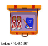 Case with travel book, pencil and red sneakers vector illustration of packed stuff into suitcase for traveling, capacious bag made in yellow color. Case with Travel Book, Pencil and Red Sneakers. Стоковая иллюстрация, агентство Ingram Publishing / Фотобанк Лори