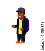 Boy of young age with rucksack for personal stuff, wearing purple cap to stay cooled, traveler having happy expression isolated on vector illustration. Airport Transportation Set Vector Illustration. Стоковая иллюстрация, агентство Ingram Publishing / Фотобанк Лори
