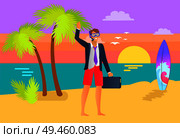 Man wearing suit with briefcase at seaside, sunset flying seagulls, surfing board and freelancer in diving mask on coastline, advantages of freelance vector. Man Wearing Suit with Briefcase at Seaside, Sunset. Стоковая иллюстрация, агентство Ingram Publishing / Фотобанк Лори