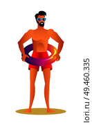 Man in sunglasses and red swimming trunks with lifebuoy. Handsome bearded suntanned guy wears shiny inflatable ring over swimwear vector illustration.. Man in Sunglasses and Red Trunks with Lifebuoy. Стоковая иллюстрация, агентство Ingram Publishing / Фотобанк Лори