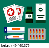 Pills blister and glass bottle with package containing information about medical product, capsules ointments in tubes, isolated on vector illustration. Pills Blister and Glass Bottles Vector Illustration. Стоковая иллюстрация, агентство Ingram Publishing / Фотобанк Лори