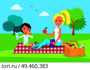 Picnic of mother and daughter, sitting on squared cloth, basket with fruits bread water, kid eating cheeseburger drinking water vector illustration. Picnic of Mother and Daughter Vector Illustration. Стоковая иллюстрация, агентство Ingram Publishing / Фотобанк Лори