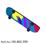 Skating board colorful item with small wheels allowing young people to lead active lifestyle, hobby of youth 80s, isolated on vector illustration. Skating Board Colorful Item Vector Illustration. Стоковая иллюстрация, агентство Ingram Publishing / Фотобанк Лори