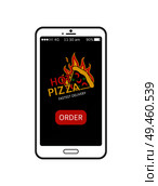 Hot pizza fastest delivery web application with button and interface of online service, mobile phone smartphone app isolated on vector illustration. Hot Pizza Fastest Delivery Vector Illustration. Стоковая иллюстрация, агентство Ingram Publishing / Фотобанк Лори