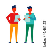 People reading publications, finding errors of articles, pages containing information about project relevant to mens interest vector illustration. People Reading Publications Vector Illustration. Стоковая иллюстрация, агентство Ingram Publishing / Фотобанк Лори