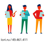 People reading and checking publications, educated workers correct articles written on paper, woman holding big pencil isolated on vector illustration. People Reading and Checking Vector Illustration. Стоковая иллюстрация, агентство Ingram Publishing / Фотобанк Лори