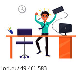 Businessman throwing keyboard, filled with anger and irritation, office working day and aggressive worker at workplace isolated on vector illustration. Businessman Throwing Keyboard Vector Illustration. Стоковая иллюстрация, агентство Ingram Publishing / Фотобанк Лори