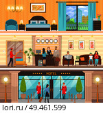 Luxurious hotel exterior, reception and room. Guards near front glass door, guests in comfortable lobby, cozy suite with view vector illustrations.. Luxurious Hotel Exterior, Reception and Room Set. Стоковая иллюстрация, агентство Ingram Publishing / Фотобанк Лори