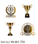 Gold shiny rewards for winners and champions set. Trophy cups with round diploma certificates. Competition shiny awards isolated vector illustrations.. Gold Shiny Rewards for Winners and Champions Set. Стоковая иллюстрация, агентство Ingram Publishing / Фотобанк Лори