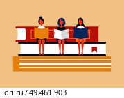 People editing written text, newspapers and article corrections of women sitting on big books with bookmarks, isolated on yellow vector illustration. People Editing Written Text Vector Illustration. Стоковая иллюстрация, агентство Ingram Publishing / Фотобанк Лори