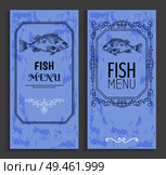 Template of fish menu sample with vintage decorative frame. Vector illustration of retro style list of seafood cuisine dishes, delicacy food cover design. Template of Fish Menu Sample with Vintage Frame. Стоковая иллюстрация, агентство Ingram Publishing / Фотобанк Лори