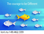Courage to be different, risk taker fish icon. Set of white fingerlings swimming one way with yellow zooid moving other direction vector illustration. Courage to Be Different, Risk Taker Fish Icon. Стоковая иллюстрация, агентство Ingram Publishing / Фотобанк Лори
