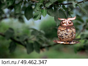 A garden on a sunny summer day. Bird feeder in the form of an owl. Caring and guardianship. Ornithology. Стоковое фото, фотограф Photojuli / Фотобанк Лори