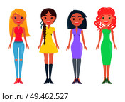 Blonde wears blue jeans, braided girl in yellow dress, purple gown on short haircut woman, redhead lady with elegant green outfit vector characters.. Blonde Woman Blue Jeans, Braided Girl in Dress. Стоковая иллюстрация, агентство Ingram Publishing / Фотобанк Лори