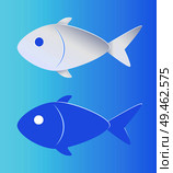 Contrast color fish silhouette isolated on blue. Two fingerlings with small triangle dorsals and ventral fins and medium size tail vector illustration. Contrast Color Fish Silhouette Isolated on Blue. Стоковая иллюстрация, агентство Ingram Publishing / Фотобанк Лори