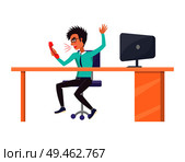 Worker shouting in phone and waving hands, sitting by table in office, furious irritated and businessman behaving aggressively vector illustration. Worker Shouting in Phone, Vector Illustration. Стоковая иллюстрация, агентство Ingram Publishing / Фотобанк Лори
