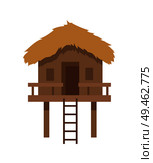 Bungalow with ladder closeup, building house with veranda, sloping roof, made of wood, tropical exotic estate vector illustration isolated on white. Bungalow with Ladder Closeup Vector Illustration. Стоковая иллюстрация, агентство Ingram Publishing / Фотобанк Лори