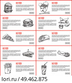 Fast food graphic banner set vector illustration, hamburgers and chinese pasta, nuggets and tasty pizza, fries with sandwich and taco near burrito. Fast Food Graphic Banner Set Vector Illustration. Стоковая иллюстрация, агентство Ingram Publishing / Фотобанк Лори
